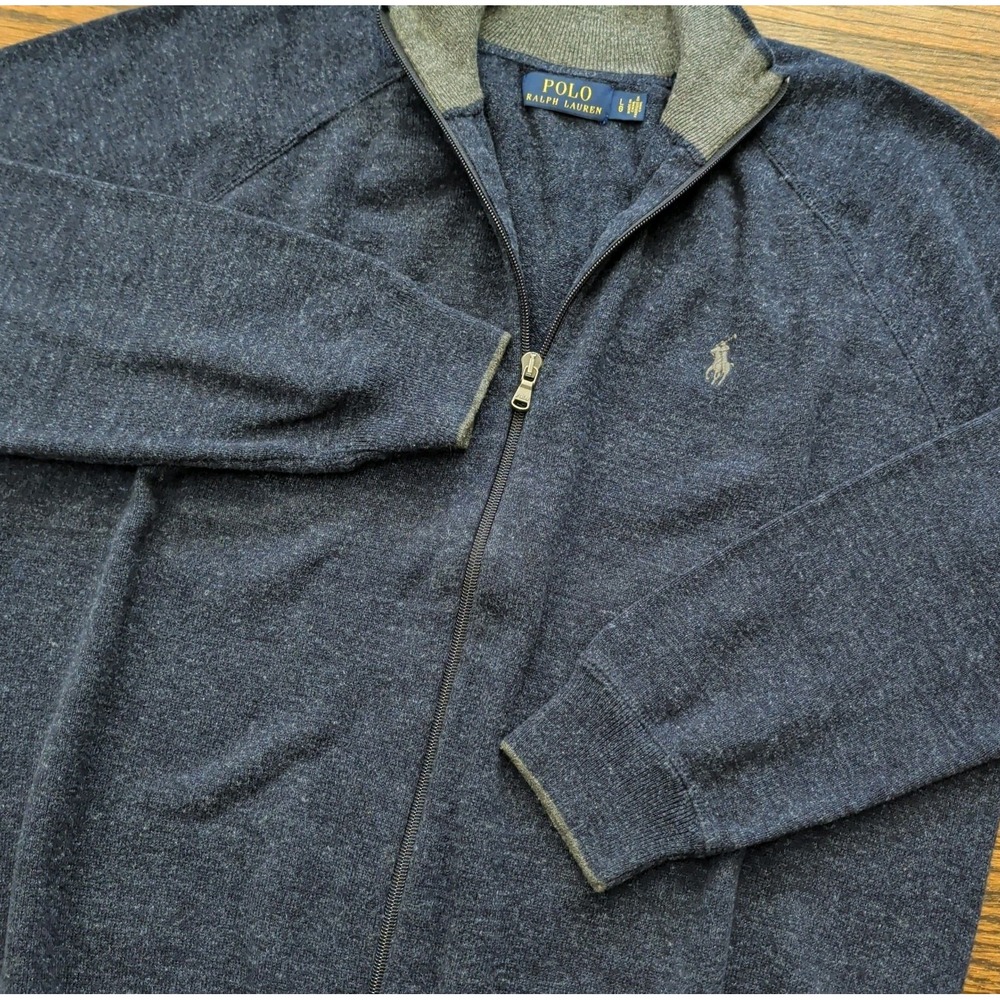 Polo Ralph Lauren Full Zip Knit Sweater Sz L Navy Blue Mock Neck Pony Logo